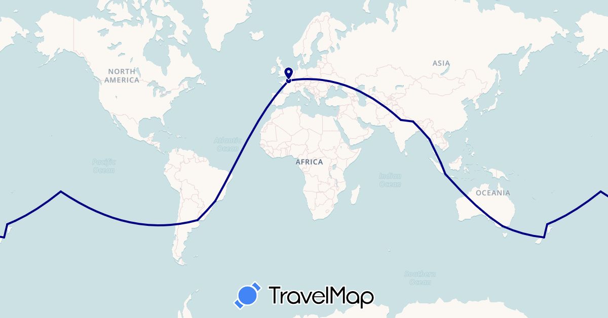 TravelMap itinerary: driving in Argentina, Australia, Brazil, France, Indonesia, India, Myanmar (Burma), Nepal, New Zealand, French Polynesia, Singapore (Asia, Europe, Oceania, South America)